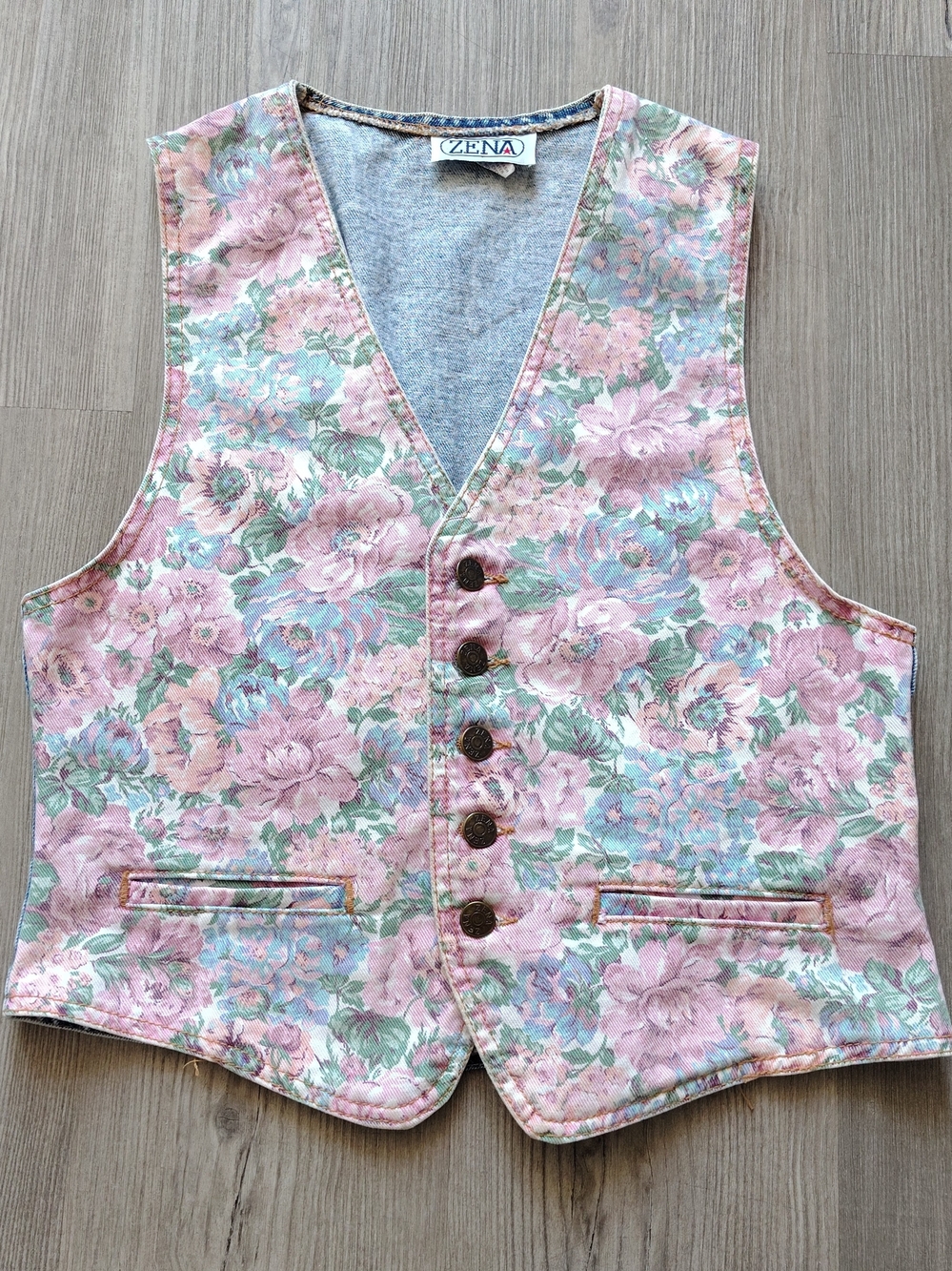 Vintage ZENA Floral Print Acid Wash Denim Vest Size M Made In USA Cottagecore